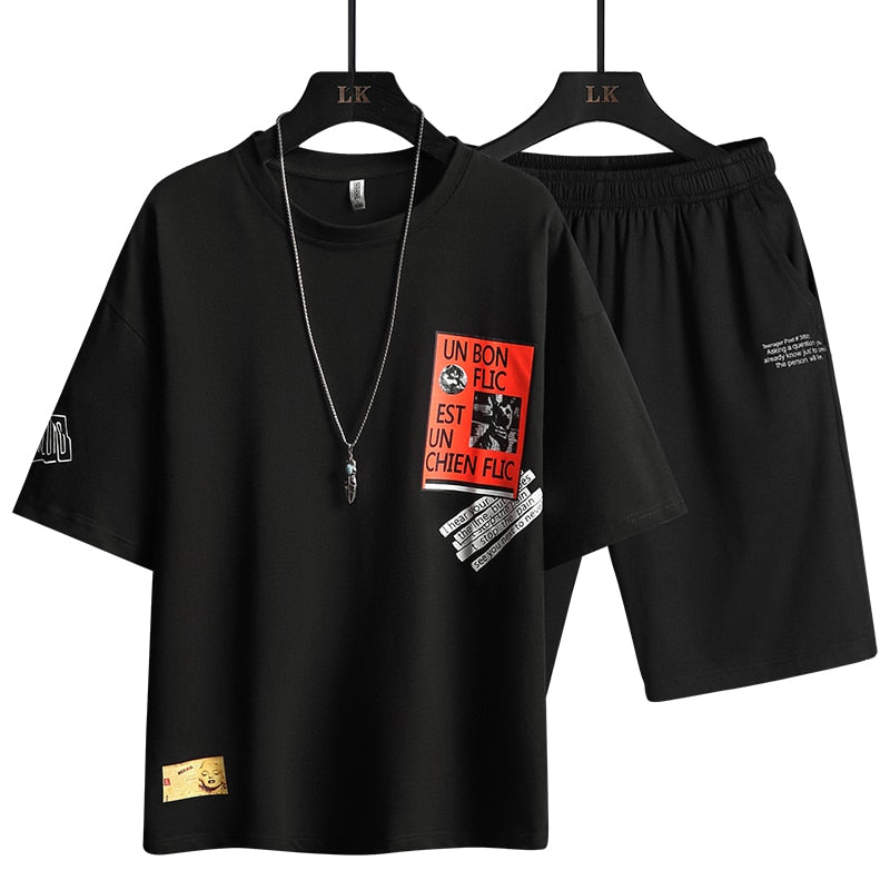 This is  a Two Piece Summer Men's Harajuku Printed T-Shirts Set
