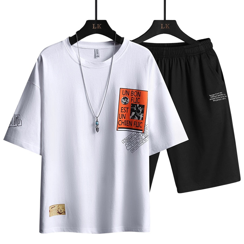 This is  a Two Piece Summer Men's Harajuku Printed T-Shirts Set