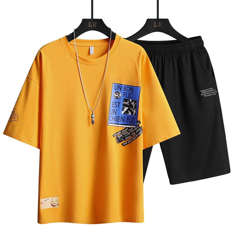 This is  a Two Piece Summer Men's Harajuku Printed T-Shirts Set