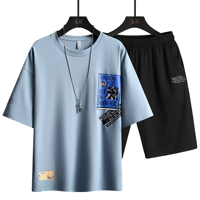This is  a Two Piece Summer Men's Harajuku Printed T-Shirts Set